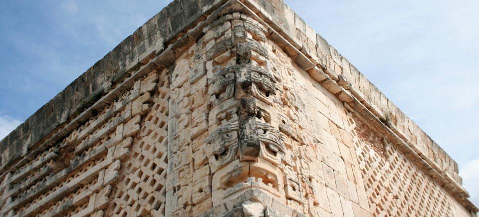 Stone carving of the God Chaac in Maya site of Uxmal